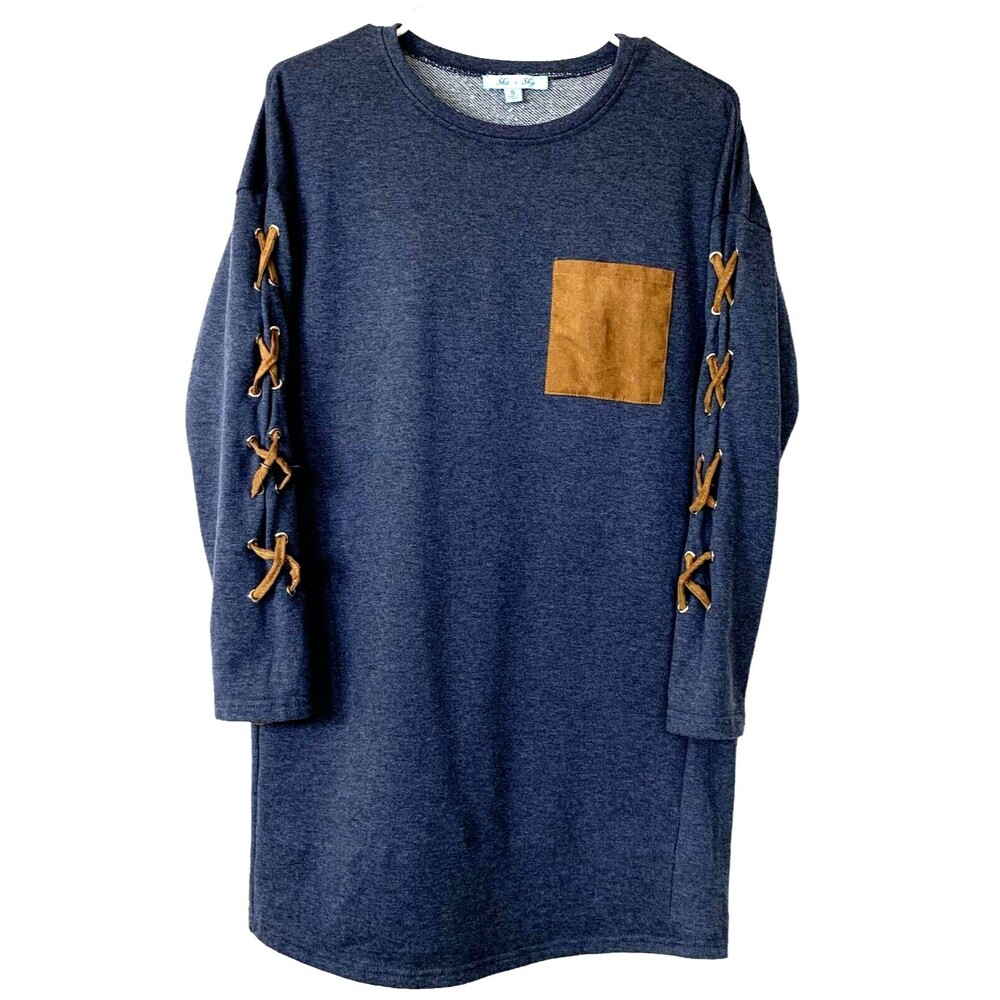 She+Sky Womens Tunic Sweatshirt Size S Eyelet Lace Up 3/4 Sleeve Suede Pocket